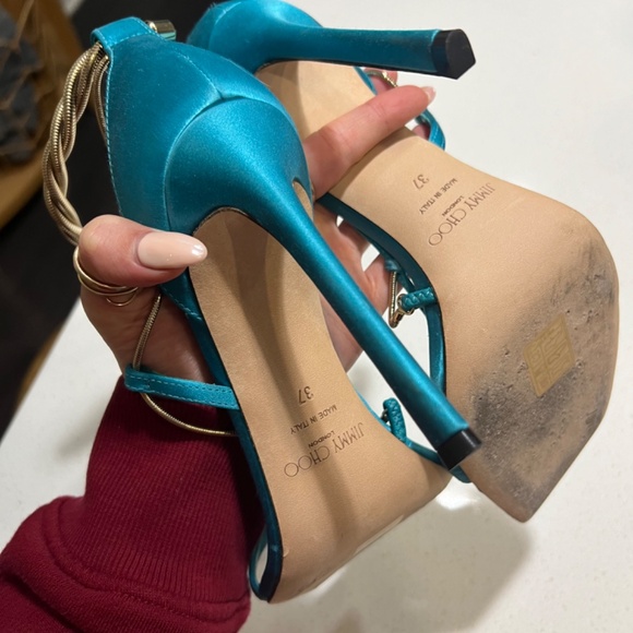 JIMMY CHOO Oriana 110 Turquoise Gold Chain Heel Size 37 - Picture 5 of 8